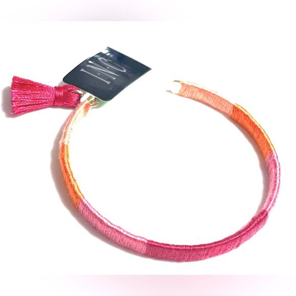 NEW INC Gold-Tone Tassel Charm Color-Block Thread-Wrapped BRACELET Pink Orange - Picture 2 of 5